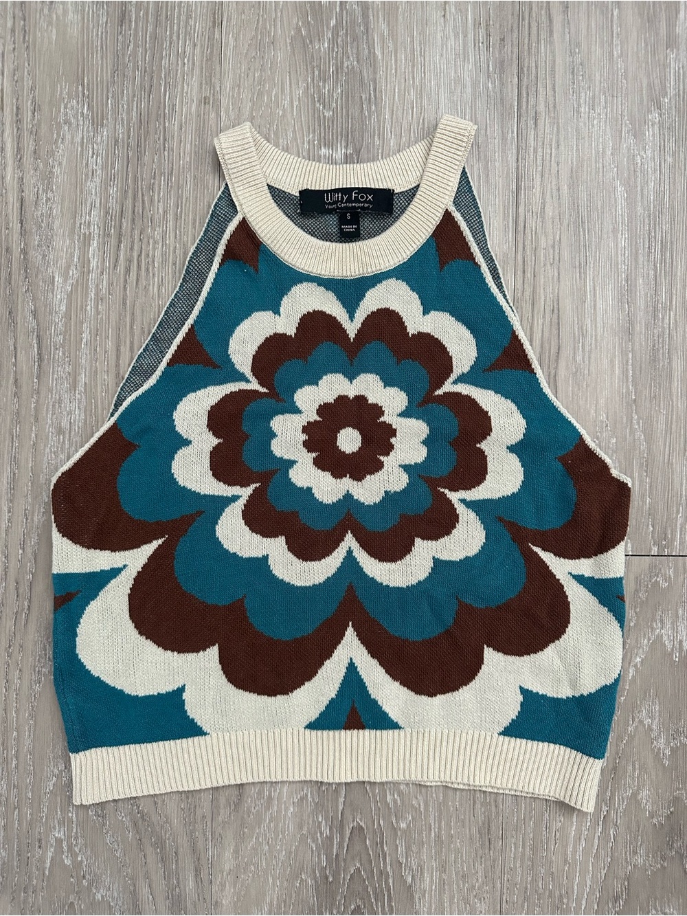 Lilly Fox Teal Brown Cream Floral Knit Halter Tank